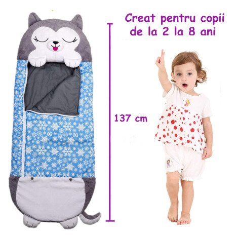 Sac de dormit 2 in 1 husky kodiak, pliabil, portabil, 137x50cm, gri, 3-8 ani